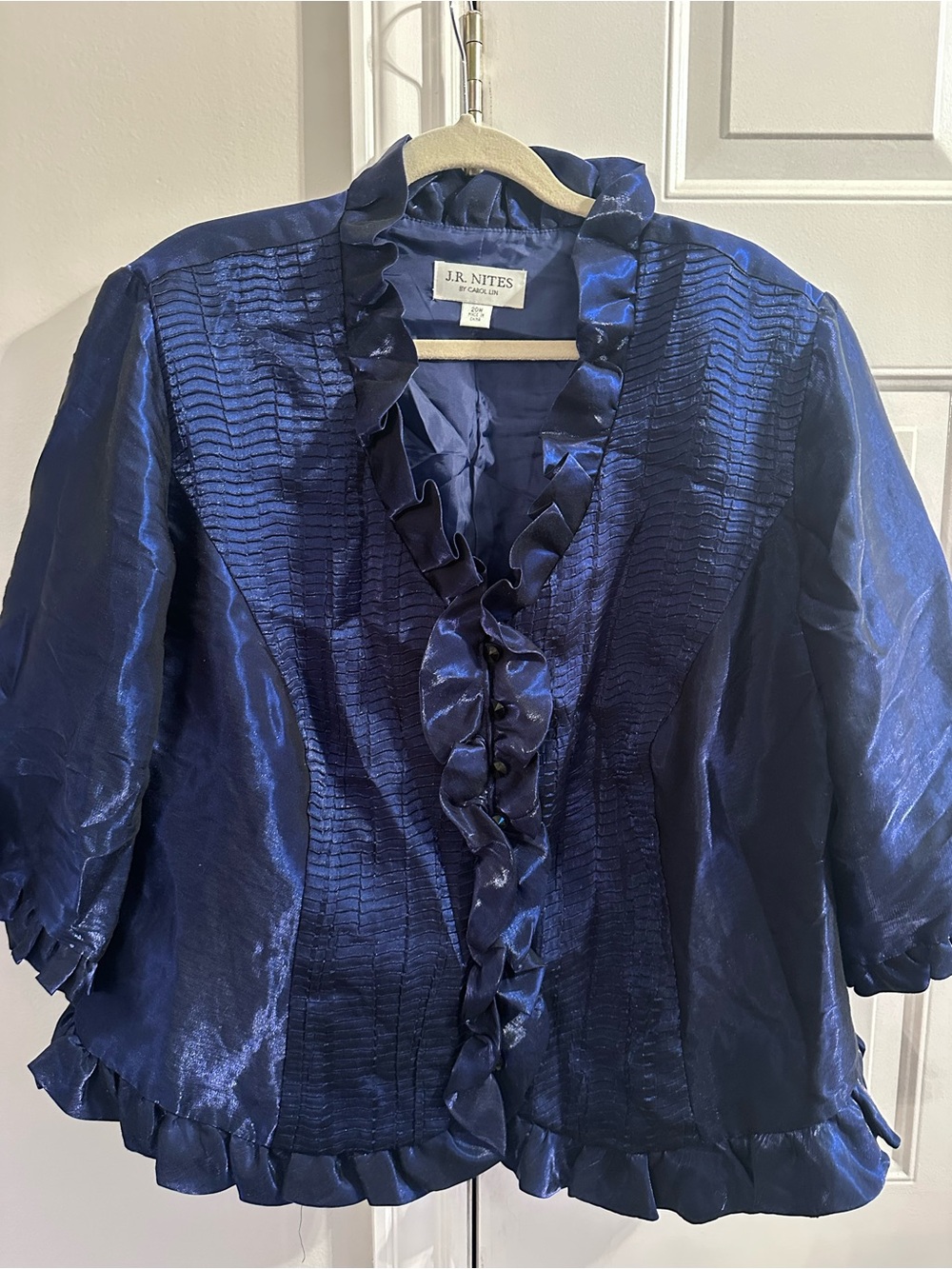 J.R. Nites Navy Ruffled Satin Blouse